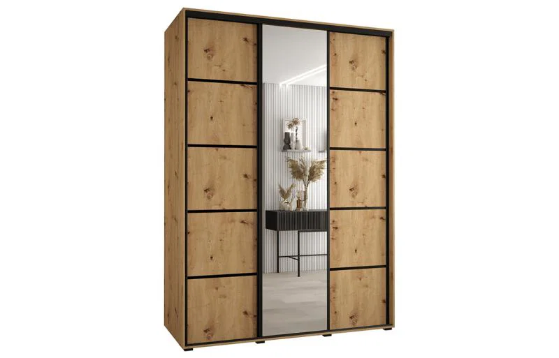 Šatní skříň DAVOS 5 posuvné dvěře a zrcadlo, 180×235×45, DUB Artisan / černé pojezdy