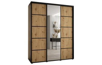 Šatní skříň DAVOS 5 posuvné dvěře a zrcadlo, 190×235×45, Černá / DUB Artisan / černé
