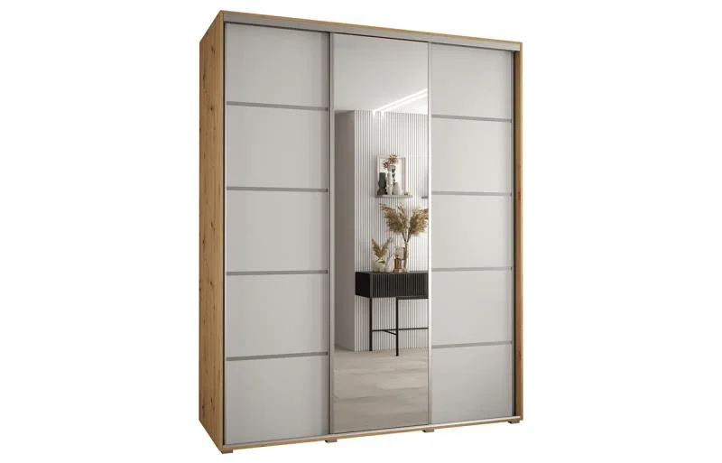 Šatní skříň DAVOS 5 posuvné dvěře a zrcadlo, 190×235×45, DUB Artisan / bílá / stříbrné