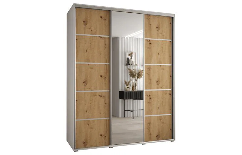 Šatní skříň DAVOS 5 posuvné dvěře a zrcadlo, 190×235×45, Bílá / DUB Artisan / stříbrné
