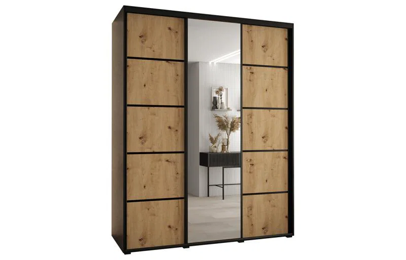 Šatní skříň DAVOS 5 posuvné dvěře a zrcadlo, 200×235×45, Černá / DUB Artisan / černé
