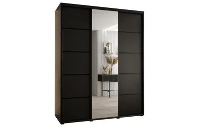Šatní skříň DAVOS 5 posuvné dvěře a zrcadlo, 200×235×45, Černá / černé pojezdy