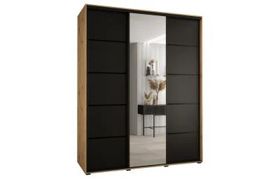 Šatní skříň DAVOS 5 posuvné dvěře a zrcadlo, 200×235×45, DUB Artisan / černá / černé