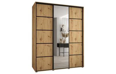 Šatní skříň DAVOS 5 posuvné dvěře a zrcadlo, 200×235×45, DUB Artisan / černé pojezdy
