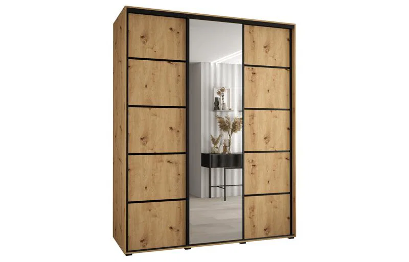 Šatní skříň DAVOS 5 posuvné dvěře a zrcadlo, 200×235×45, DUB Artisan / černé pojezdy