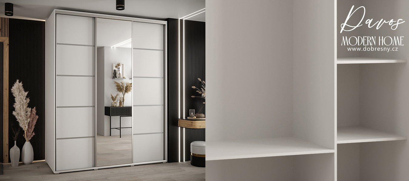 Šatníková skriňa DAVOS 5 posuvné dvere a zrkadlo, 200×235×45, Biela / strieborné pojazdy