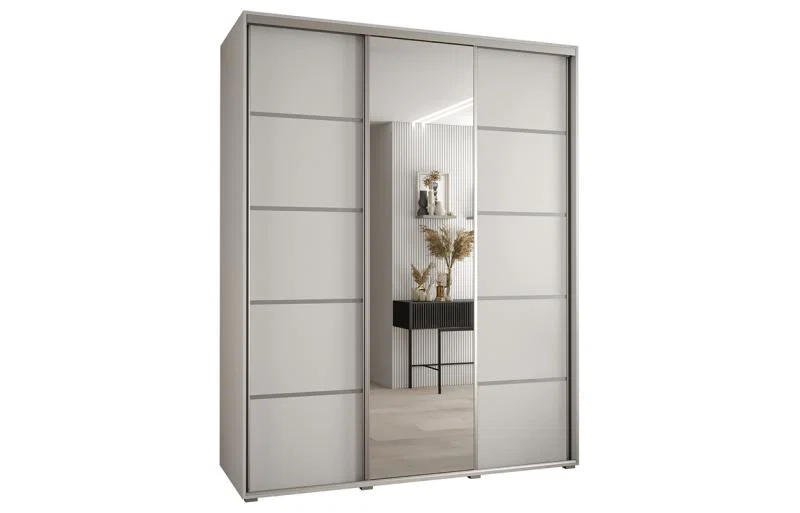 Šatní skříň DAVOS 5 posuvné dvěře a zrcadlo, 200×235×45, Bílá / stříbrné pojezdy