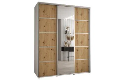 Šatní skříň DAVOS 5 posuvné dvěře a zrcadlo, 200×235×45, Bílá / DUB Artisan / stříbrné