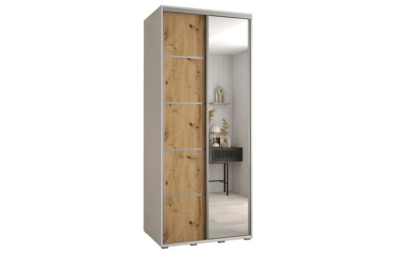 Šatní skříň DAVOS 5 posuvné dvěře a zrcadlo, 120×235×45, Bílá / DUB Artisan / stříbrné