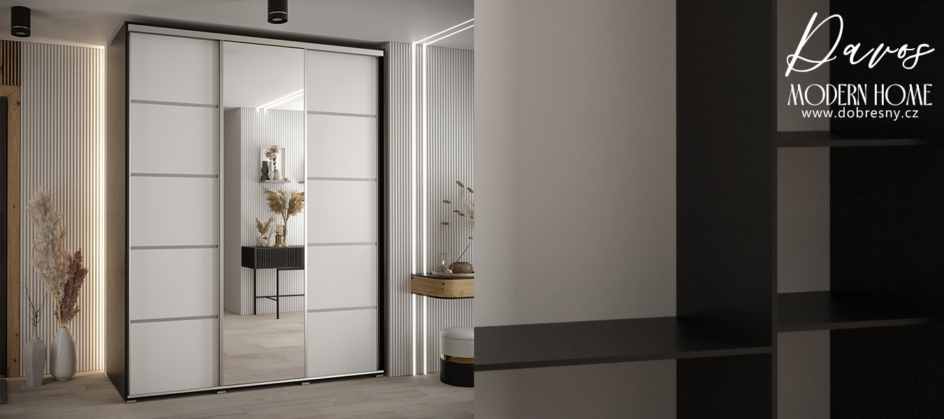 Šatníková skriňa DAVOS 5 posuvné dvere a zrkadlo, 200×235×45, Čierna / biela / strieborné pojazdy
