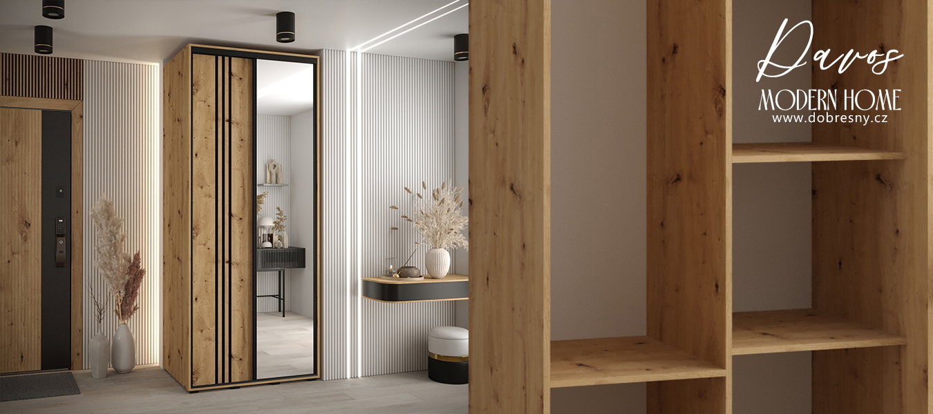 Šatníková skriňa DAVOS 7 posuvné dvere a zrkadlo, 100×235×45, DUB Artisan / čierne pojazdy