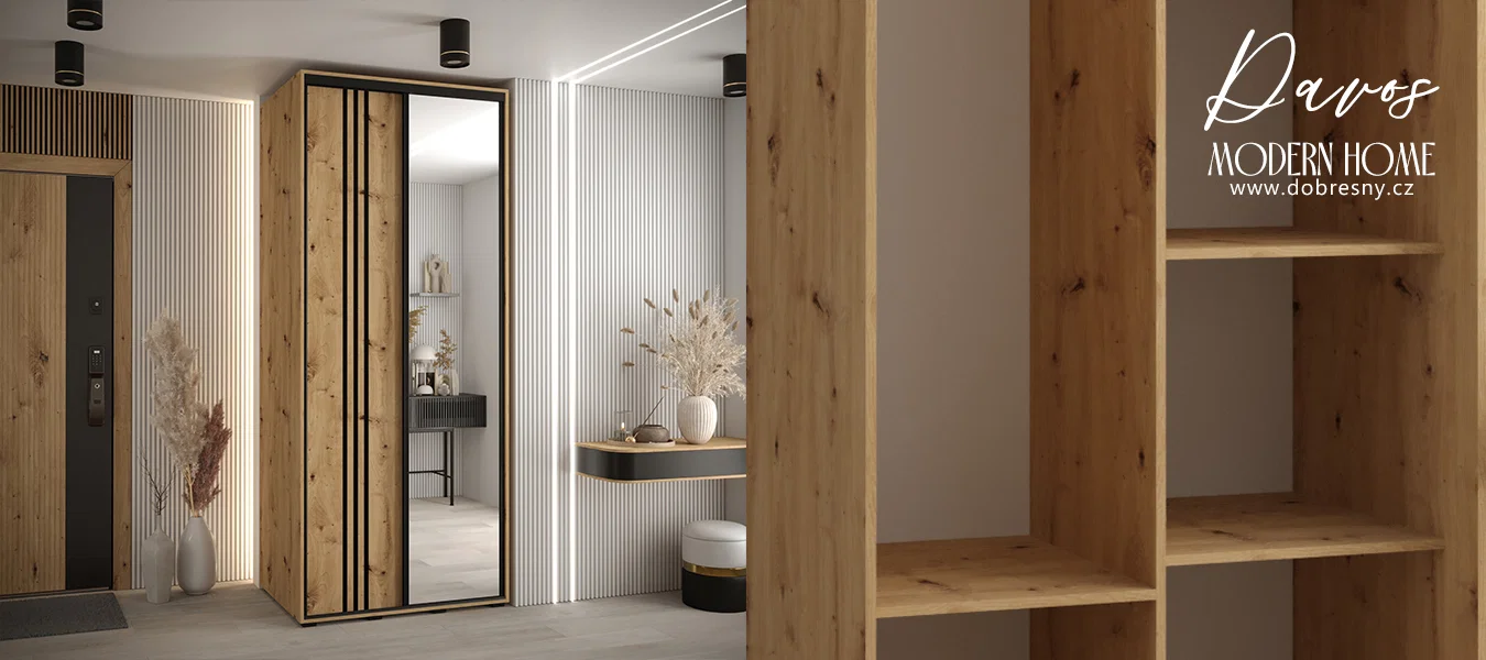Šatní skříň DAVOS 7 posuvné dvěře a zrcadlo, 100×235×45, DUB Artisan / černé pojezdy