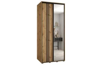 Šatní skříň DAVOS 7 posuvné dvěře a zrcadlo, 100×235×45, DUB Artisan / černé pojezdy