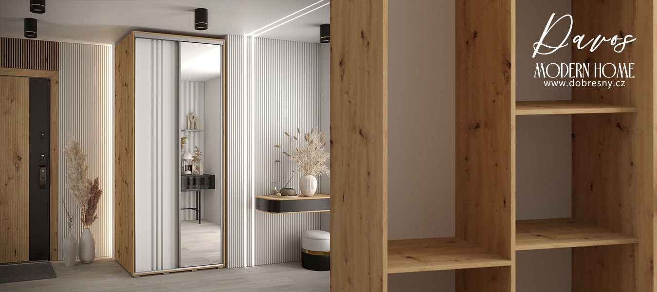 Šatníková skriňa DAVOS 7 posuvné dvere a zrkadlo, 100×235×45, DUB Artisan / biela / strieborné