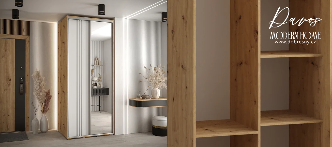 Šatní skříň DAVOS 7 posuvné dvěře a zrcadlo, 100×235×45, DUB Artisan / bílá / stříbrné