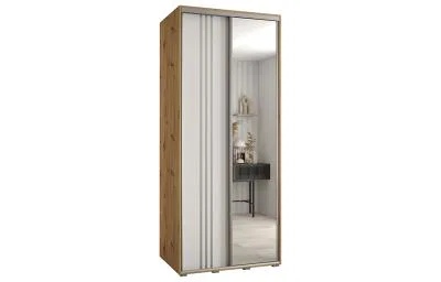 Šatní skříň DAVOS 7 posuvné dvěře a zrcadlo, 100×235×45, DUB Artisan / bílá / stříbrné