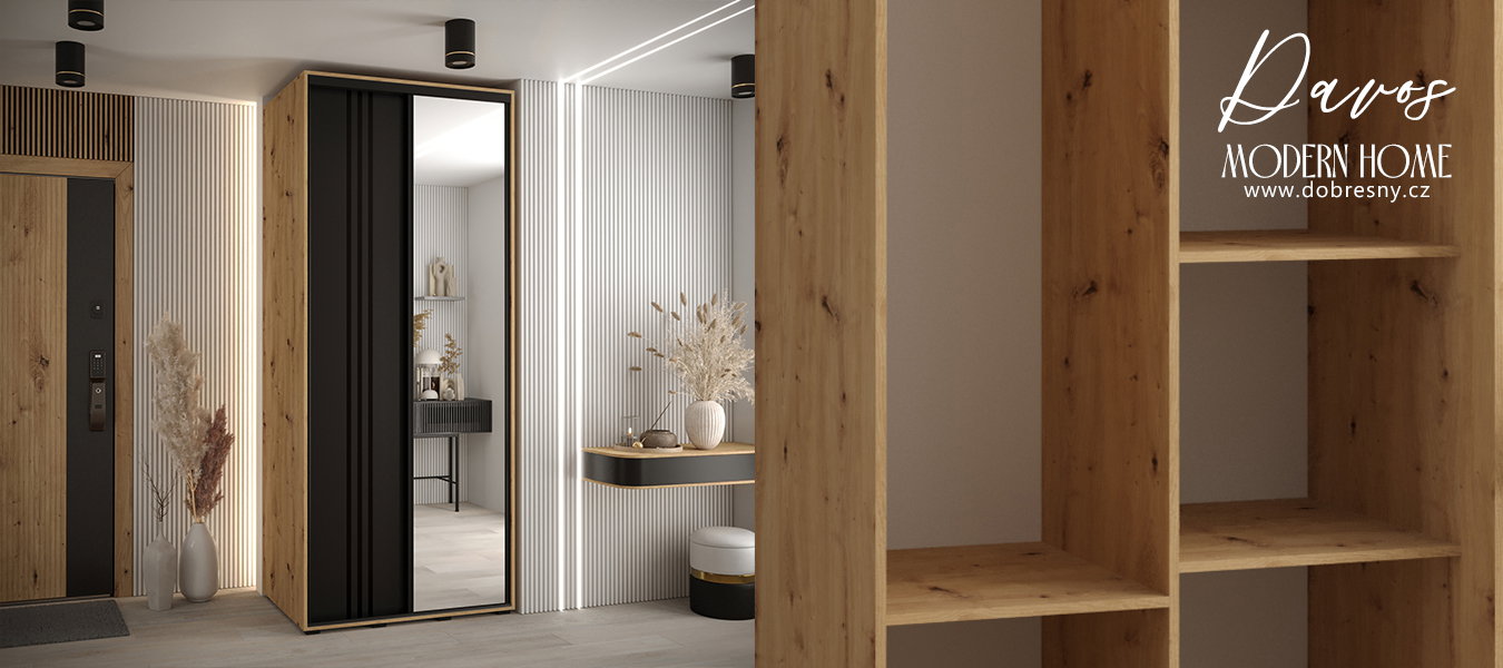 Šatníková skriňa DAVOS 7 posuvné dvere a zrkadlo, 100×235×45, DUB Artisan / čierna / čierne
