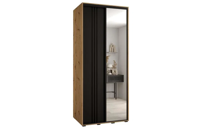 Šatní skříň DAVOS 7 posuvné dvěře a zrcadlo, 100×235×45, DUB Artisan / černá / černé