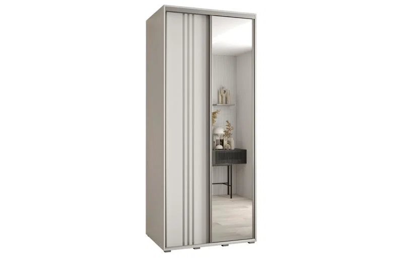 Šatní skříň DAVOS 7 posuvné dvěře a zrcadlo, 100×235×45, Bílá / stříbrné pojezdy