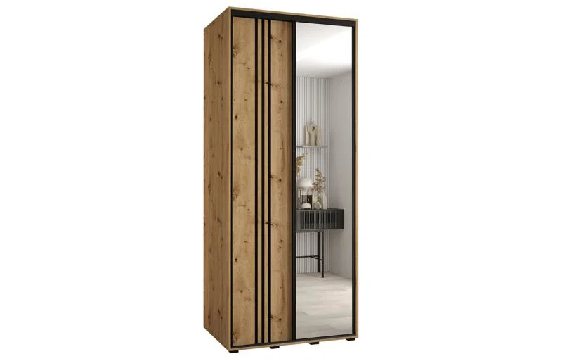 Šatní skříň DAVOS 7 posuvné dvěře a zrcadlo, 120×235×45, DUB Artisan / černé pojezdy