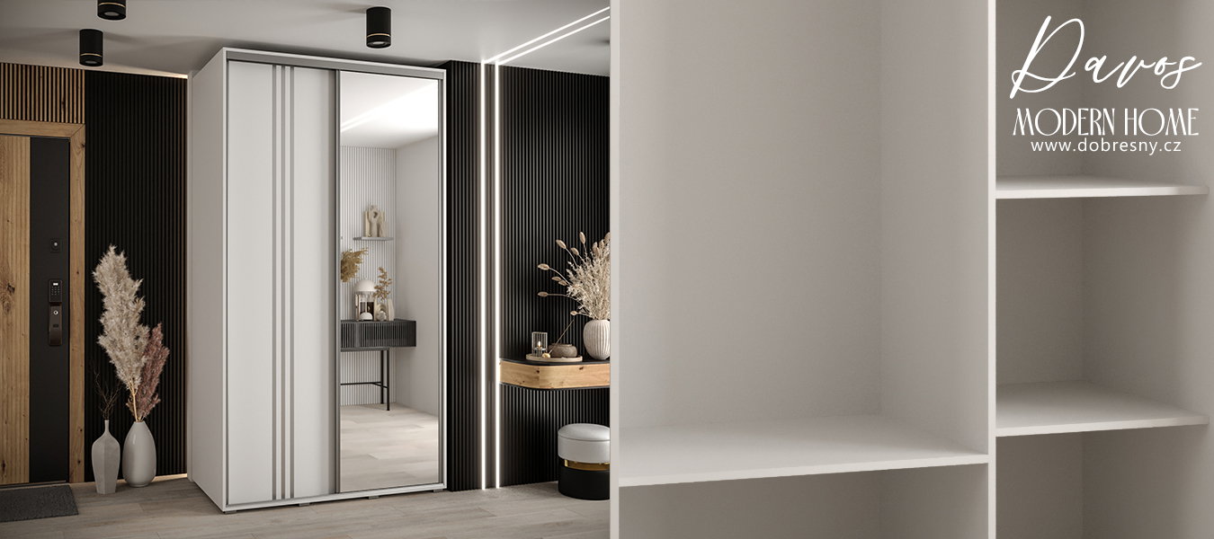 Šatníková skriňa DAVOS 7 posuvné dvere a zrkadlo, 140×235×45, Bílá / stříbrné pojezdy
