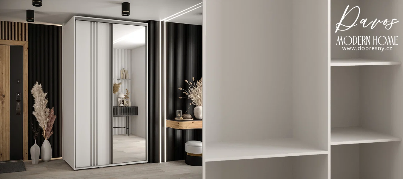 Šatní skříň DAVOS 7 posuvné dvěře a zrcadlo, 140×235×45, Bílá / stříbrné pojezdy