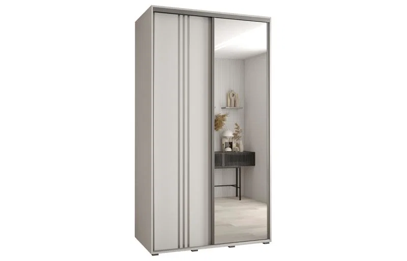 Šatní skříň DAVOS 7 posuvné dvěře a zrcadlo, 140×235×45, Bílá / stříbrné pojezdy
