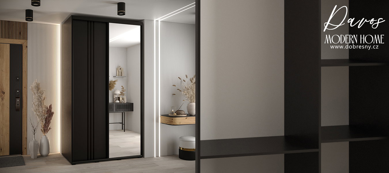 Šatníková skriňa DAVOS 7 posuvné dvere a zrkadlo, 140×235×45, Čierna / čierne pojazdy