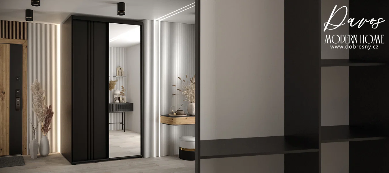 Šatní skříň DAVOS 7 posuvné dvěře a zrcadlo, 140×235×45, Černá / černé pojezdy