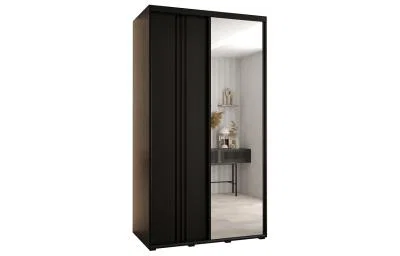 Šatní skříň DAVOS 7 posuvné dvěře a zrcadlo, 140×235×45, Černá / černé pojezdy