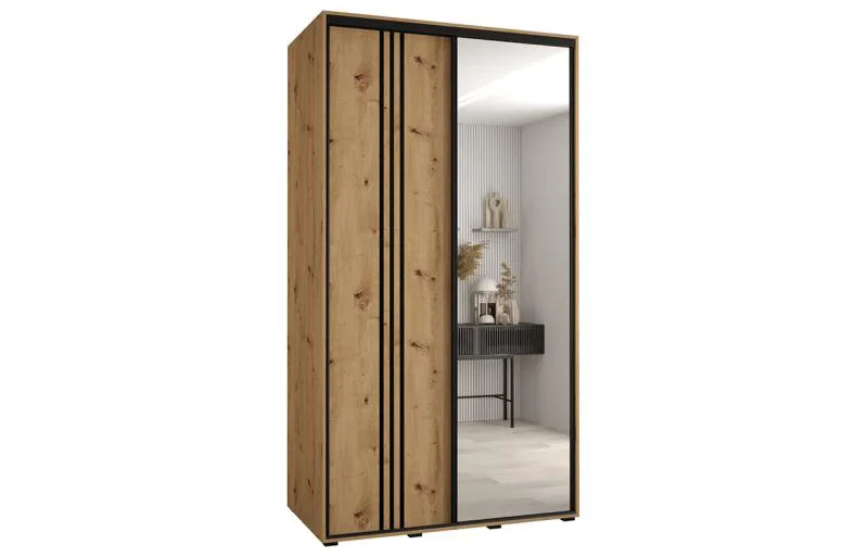 Šatní skříň DAVOS 7 posuvné dvěře a zrcadlo, 140×235×45, DUB Artisan / černé pojezdy