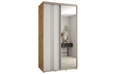 Šatní skříň DAVOS 7 posuvné dvěře a zrcadlo, 140×235×45, DUB Artisan / bílá / stříbrné