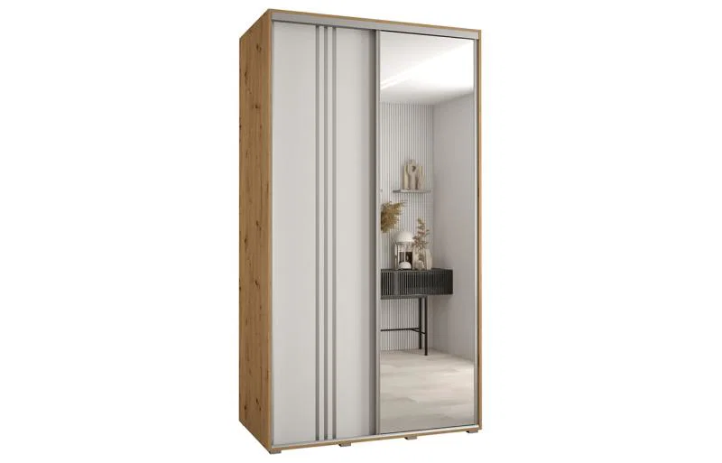 Šatní skříň DAVOS 7 posuvné dvěře a zrcadlo, 140×235×45, DUB Artisan / bílá / stříbrné