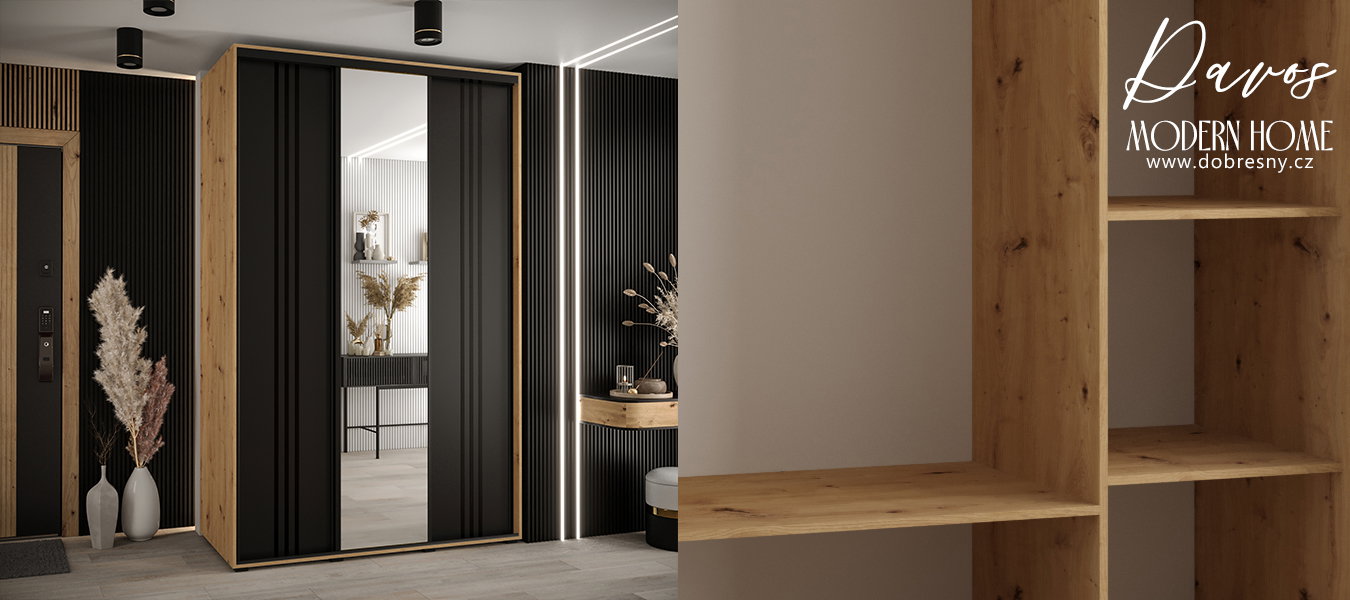 Šatníková skriňa DAVOS 7 posuvné dvere a zrkadlo, 160×235×45, DUB Artisan / čierna / čierne