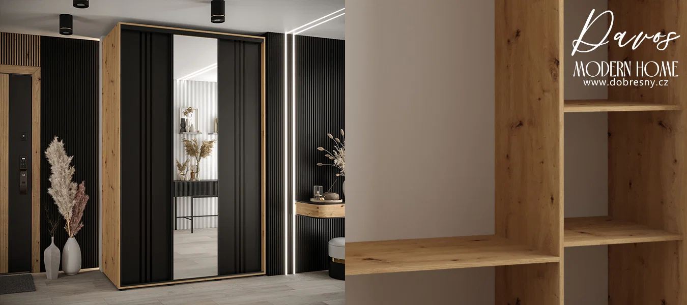 Šatní skříň DAVOS 7 posuvné dvěře a zrcadlo, 160×235×45, DUB Artisan / černá / černé