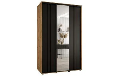 Šatní skříň DAVOS 7 posuvné dvěře a zrcadlo, 160×235×45, DUB Artisan / černá / černé