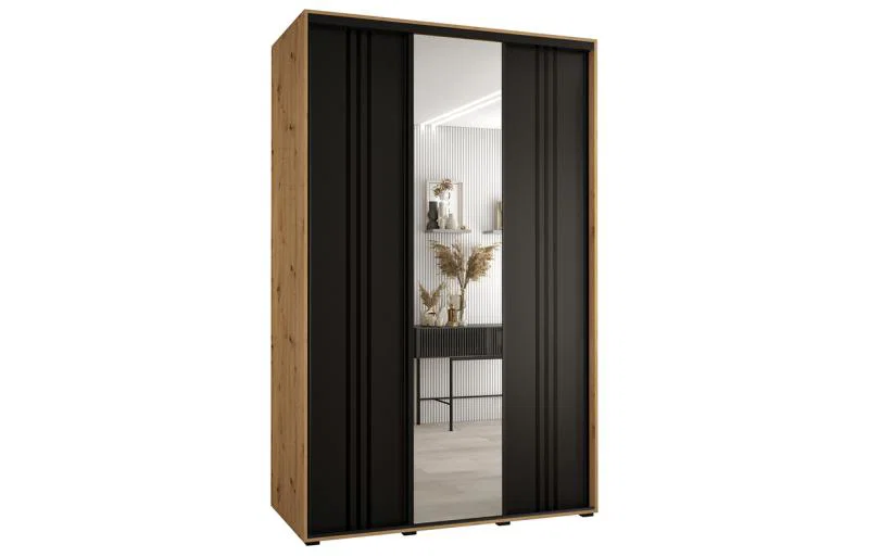 Šatní skříň DAVOS 7 posuvné dvěře a zrcadlo, 160×235×45, DUB Artisan / černá / černé