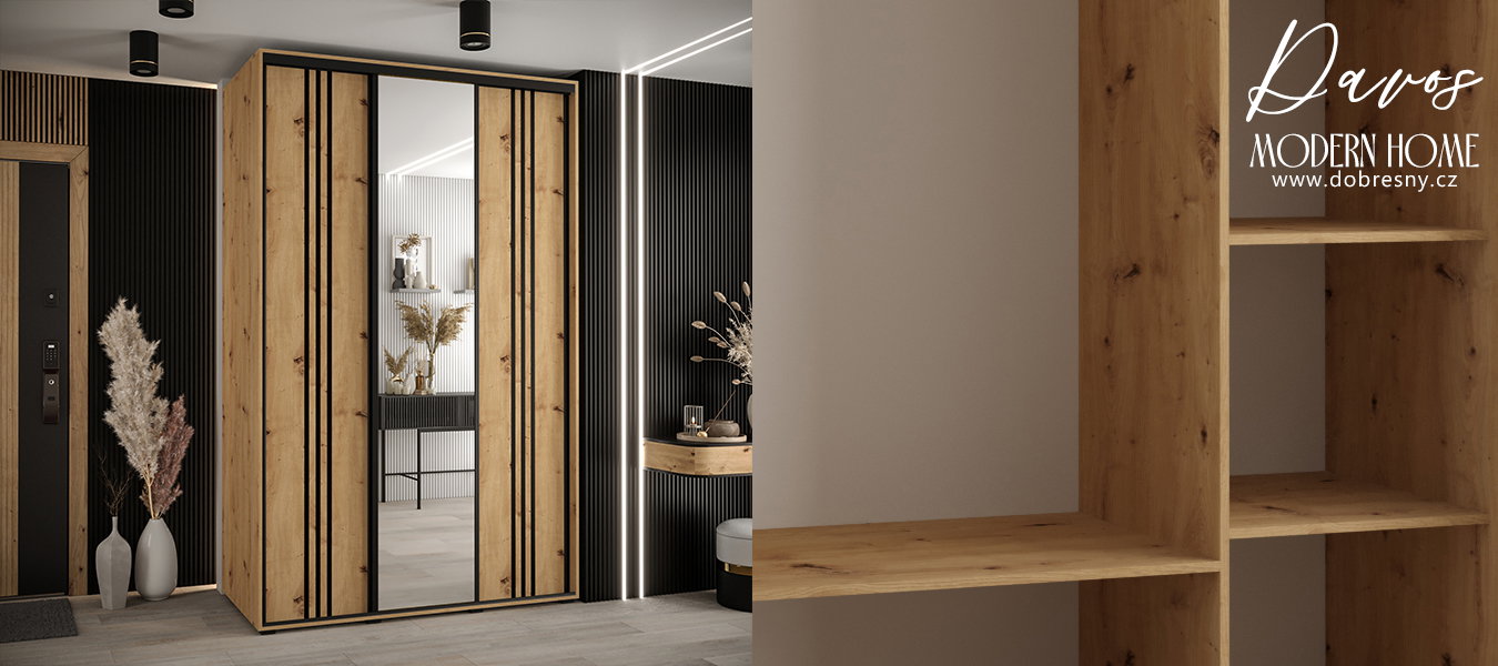 Šatníková skriňa DAVOS 7 posuvné dvere a zrkadlo, 160×235×45, DUB Artisan / čierne pojazdy