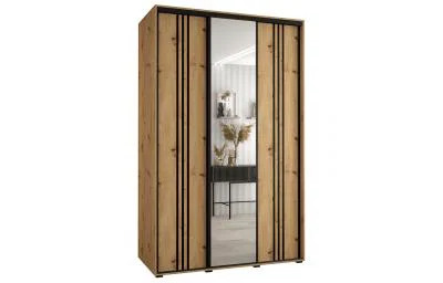 Šatní skříň DAVOS 7 posuvné dvěře a zrcadlo, 160×235×45, DUB Artisan / černé pojezdy