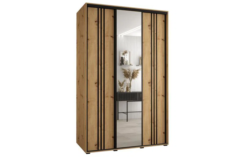 Šatní skříň DAVOS 7 posuvné dvěře a zrcadlo, 160×235×45, DUB Artisan / černé pojezdy