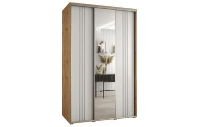 Šatní skříň DAVOS 7 posuvné dvěře a zrcadlo, 160×235×45, DUB Artisan / bílá / stříbrné