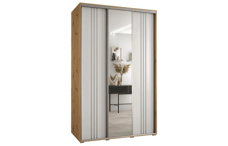 Šatní skříň DAVOS 7 posuvné dvěře a zrcadlo, 160×235×45, DUB Artisan / bílá / stříbrné
