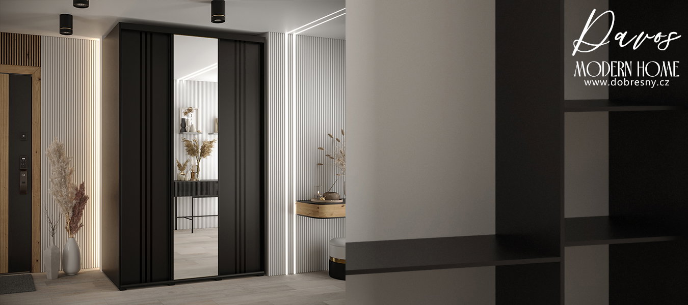 Šatníková skriňa DAVOS 7 posuvné dvere a zrkadlo, 160×235×45, Čierna / čierne pojazdy