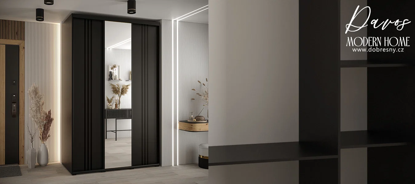 Šatní skříň DAVOS 7 posuvné dvěře a zrcadlo, 160×235×45, Černá / černé pojezdy