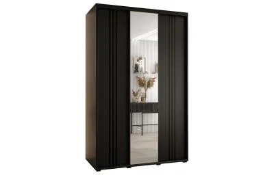 Šatní skříň DAVOS 7 posuvné dvěře a zrcadlo, 160×235×45, Černá / černé pojezdy