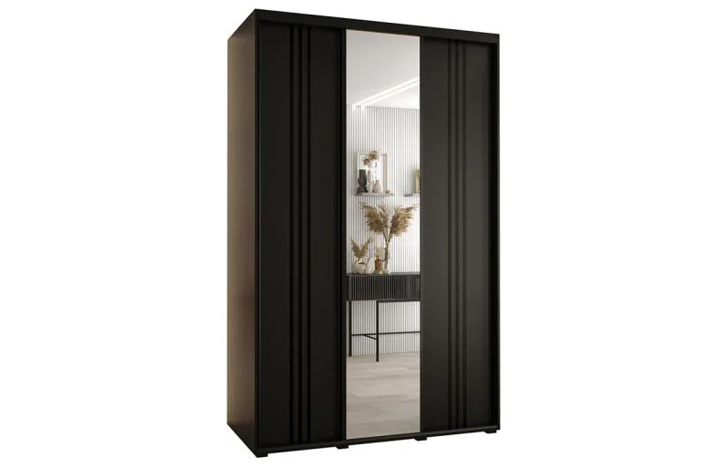 Šatní skříň DAVOS 7 posuvné dvěře a zrcadlo, 160×235×45, Černá / černé pojezdy