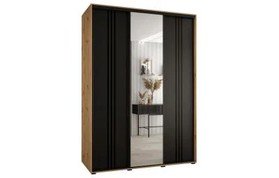 Šatní skříň DAVOS 7 posuvné dvěře a zrcadlo, 170×235×45, DUB Artisan / černá / černé