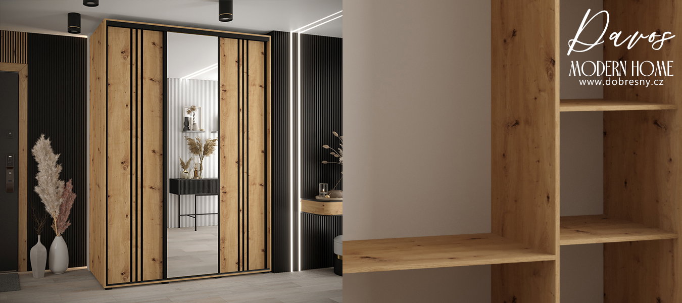 Šatníková skriňa DAVOS 7 posuvné dvere a zrkadlo, 170×235×45, DUB Artisan / čierne pojazdy