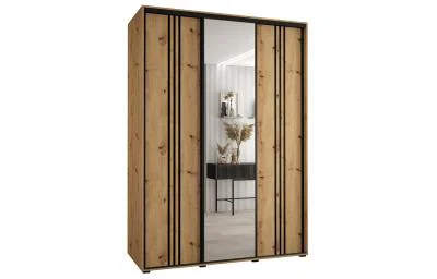 Šatní skříň DAVOS 7 posuvné dvěře a zrcadlo, 170×235×45, DUB Artisan / černé pojezdy