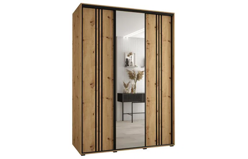 Šatní skříň DAVOS 7 posuvné dvěře a zrcadlo, 170×235×45, DUB Artisan / černé pojezdy